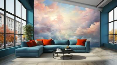 Watercolor cloudy and wavy pastel background, Blank watercolor background with colorful clouds and waves Wall mural