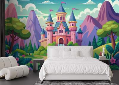 Whimsical fairy tale castle with towering spires and lush gardens Illustration Wall mural