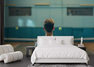 Young athlete prepares for a tennis match in an indoor court while two tennis balls hover in the air, showcasing focus and anticipation during training Wall mural