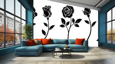 Set of decorative rose with leaves. Flower silhoutte. Vector illustration Wall mural