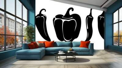 Set of  hot chili silhouette peppers, isolated  Wall mural