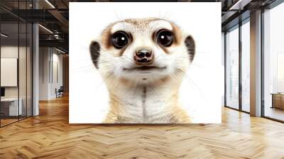 Close-Up Portrait of a Cute Meerkat on a White Background with Big Eyes and Curious Expression Wall mural