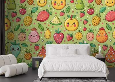 Colorful Seamless Pattern of Cute Cartoon Fruits with Smiling Faces on Green Background Wall mural