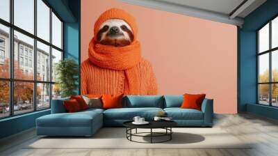 Cute Sloth Wearing Cozy Orange Sweater and Hat on Pastel Background - Adorable Animal Fashion Concept Wall mural