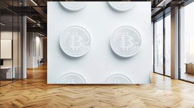 Digital Cryptocurrency Transactions Concept with White Bitcoin Coins on Light Background Wall mural