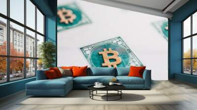 Digital Transactions Concept with Bitcoin Symbol on Currency Background Representing Modern Financial Technology Wall mural