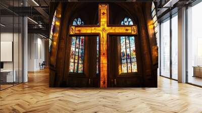 A beautifully crafted wooden cross illuminated by stained glass windows inside a historic European church, with soft light enhancing its sacredness. Wall mural