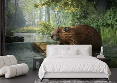 A beaver building its dam in a serene river, surrounded by lush vegetation and the sound of rushing water. Wall mural