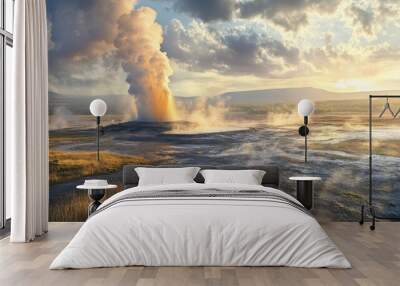 A breathtaking view of Iceland's Geysir erupting in a burst of steam and boiling water against a cloudy sky, with the surrounding geothermal landscape illuminated by sunlight. Wall mural