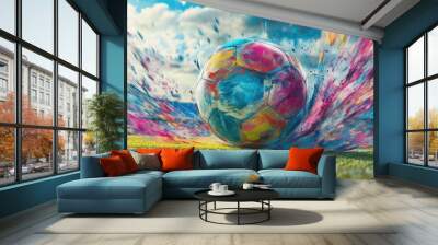 A colorful soccer ball rolling across the pitch during a fast-paced game. Wall mural