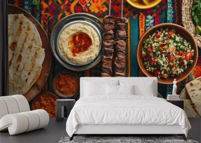 A delightful Middle Eastern spread with kebabs, baba ganoush, tabbouleh, and flatbread on a colorful tablecloth. Wall mural