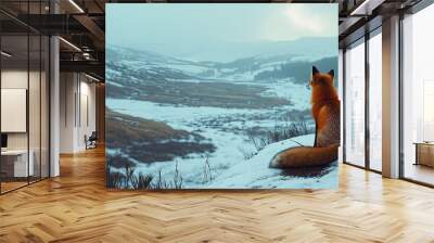 A lone fox sitting on a snow-covered hillside, looking out over a quiet, empty valley, with no signs of life around. Wall mural