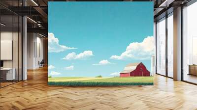 A picturesque farm landscape with a red barn and silo under a blue sky, with space for text in the foreground, capturing the essence of rural life. Wall mural