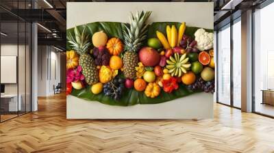 A selection of tropical fruits and vegetables arranged artistically on a banana leaf, creating a vibrant and exotic display. Wall mural