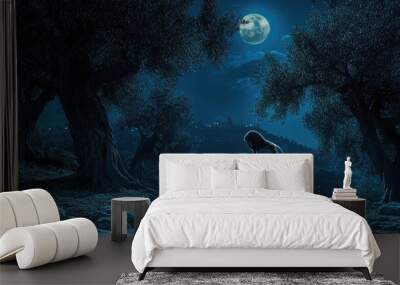 A serene depiction of Jesus Christ praying in the Garden of Gethsemane at night, with soft moonlight illuminating his figure amidst olive trees. Wall mural