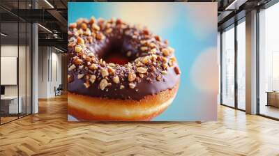 A single donut in focus with chocolate glaze and crushed nuts, isolated against a blurred colorful background. Wall mural