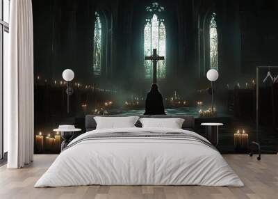 A solitary figure praying before a cross in a dimly lit chapel, surrounded by candles that flicker in the silence. Wall mural