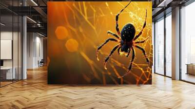 A spider and web icon, symbolizing the creepy crawlies of Halloween. Wall mural