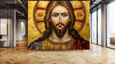 A traditional Eastern Orthodox icon of Jesus, with intricate gold and red detailing, and a peaceful expression. Wall mural