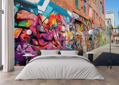 A vibrant graffiti mural covering an entire wall, featuring bold colors, intricate designs, and urban street culture elements in a bustling city setting. Wall mural