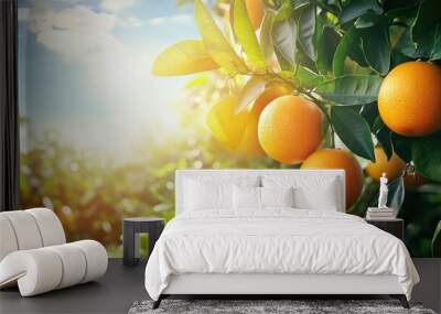 A vibrant orange tree in an orchard, with dozens of ripe oranges hanging amidst the lush green leaves under a blue sky. Wall mural