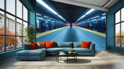 An empty subway station, the platform lit by fluorescent lights, with a single train waiting with open doors but no passengers. Wall mural