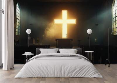 An illuminated cross in a dark chapel, symbolizing hope and salvation. Wall mural