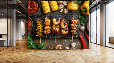 Assorted BBQ ingredients including shrimp skewers, corn, mushrooms, and bell peppers, laid out on a rustic table. Wall mural