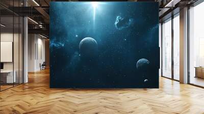 Bright star in the foreground, with distant planets and moons in the background. Galactic theme. Wall mural