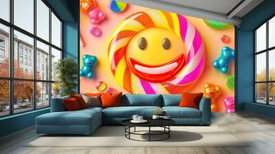 Cartoon candy smile with lollipops and gummy bears forming a joyful, colorful face. Sweet and playful. Wall mural