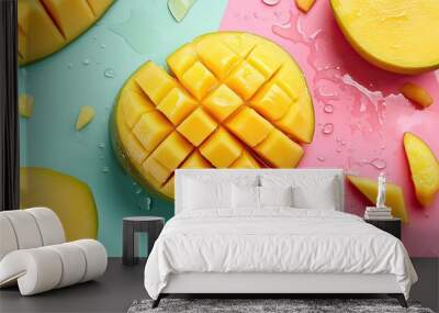 Detailed shot of sliced mango with juice on a colorful background, showcasing its natural freshness and juicy appeal. Wall mural