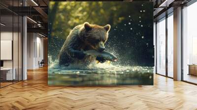 Dramatic shot of a bear emerging from the water with a salmon, droplets flying, and the forest in the background, capturing the essence of survival. Wall mural