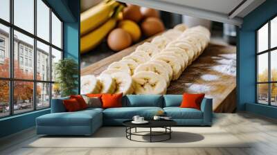 Fresh bananas sliced into rounds, arranged neatly on a wooden cutting board with various baking ingredients like flour, sugar, and eggs in the background. Wall mural