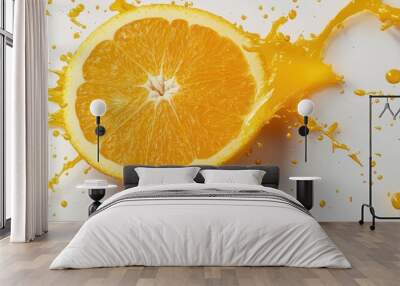 Fresh orange slice with juice splashing out, captured in a vibrant 3D illustration on a white background. Wall mural