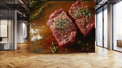 Fresh sirloin beef, uncooked and seasoned, laying on a cutting board, prepared for grilling with fresh herbs. Wall mural