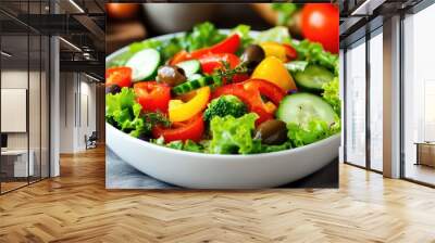 Fresh vegetable salad with lettuce, tomatoes, cucumbers, bell peppers, and olives, drizzled with olive oil, all in a white bowl, vibrant colors and healthy vibes. Wall mural