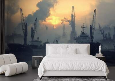 Industrial port with cargo ships docked, cranes idle, and no workers around Wall mural