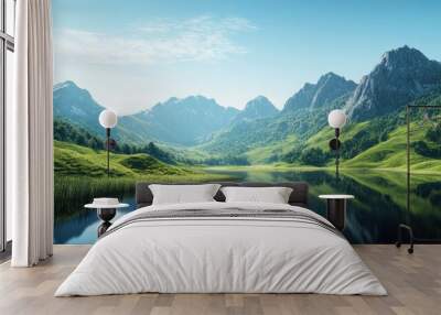 Serene mountain landscape featuring lush green valleys, a clear blue sky, and a peaceful lake reflecting the scenery Wall mural