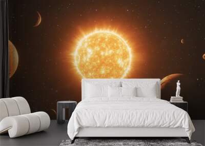 The sun glowing brightly at the center, with faint stars surrounding planets in a minimalist space view. Wall mural