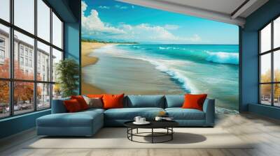 The turquoise ocean waves lapping at a quiet beach as a lone surfer paddles in the distance. Wall mural