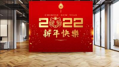 Chinese new year 2022, year of tiger, Firecrackers chinese fire work on red banner design background, Characters translation Happy new year, Eps 10 vector illustration Wall mural