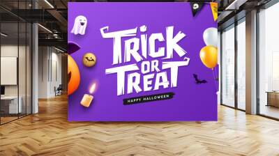 Happy Halloween, trick or treat text, pumpkin hat smile, balloons, Ghost holding a balloon, bat flying, banner design on purple background, Eps 10 vector illustration Wall mural