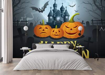 Happy Halloween gold message, pumpkin bat, witch, castle, design background, vector illustrations Wall mural