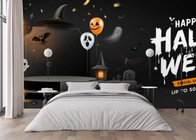 Happy Halloween sale black podium, bright lamp, pumpkin, bat flying, balloon, banner design on sign black background, Eps 10 vector illustration
 Wall mural