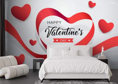 Happy Valentines day red ribbon heart shape banner design background, vector illustration Wall mural