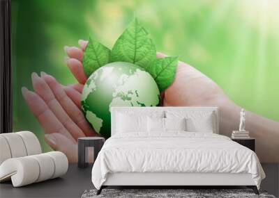 human hands holding green earth with a leaf on nature Wall mural