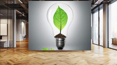 Leaves grow in a light bulb on gray background Wall mural