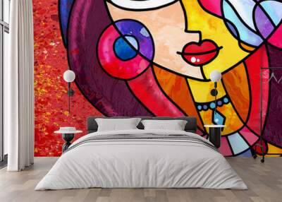 Stained glass style girl digital art wears necklace and earrings Wall mural