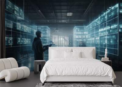 Engineering use augmented mixed virtual reality integrate artificial intelligence combine deep, machine learning, digital twin, 5G, industry 4.0 technology to improve management efficiency quality. Wall mural