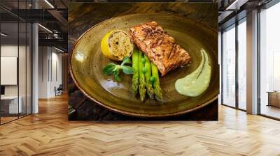 Slow Cooked Salmon fillet steak with salad on plate, Sous-Vide Cooking Salmon Fish Wall mural